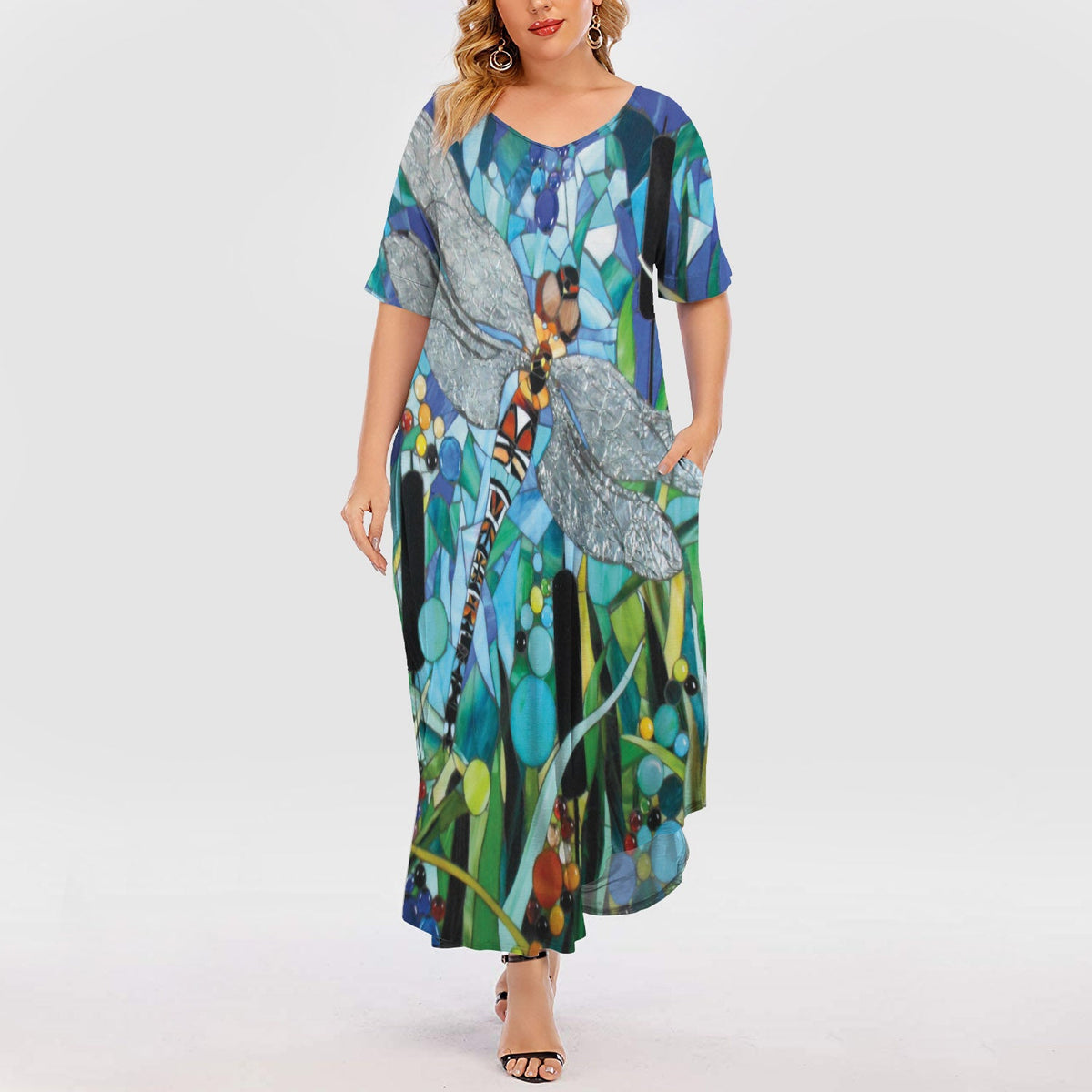 Dragonfly Mosaic Beautiful Art Short Sleeve Plus Size Maxi Dress | Plus Size Dress | Summer Dress