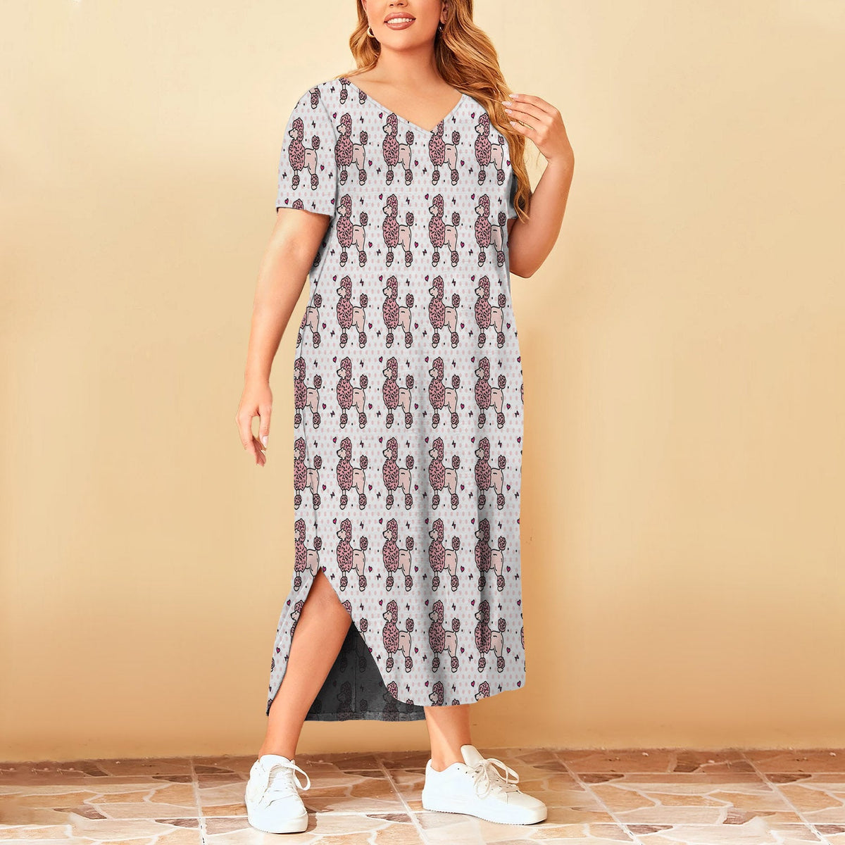 Girly Poodle Pattern Short Sleeve Plus Size Maxi Dress | Plus Size Dress | Summer Dress For Women