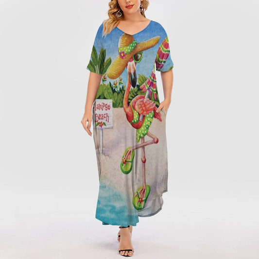 Flamingo On Beach Short Sleeve Plus Size Maxi Dress | Plus Size Dress | Summer Dress