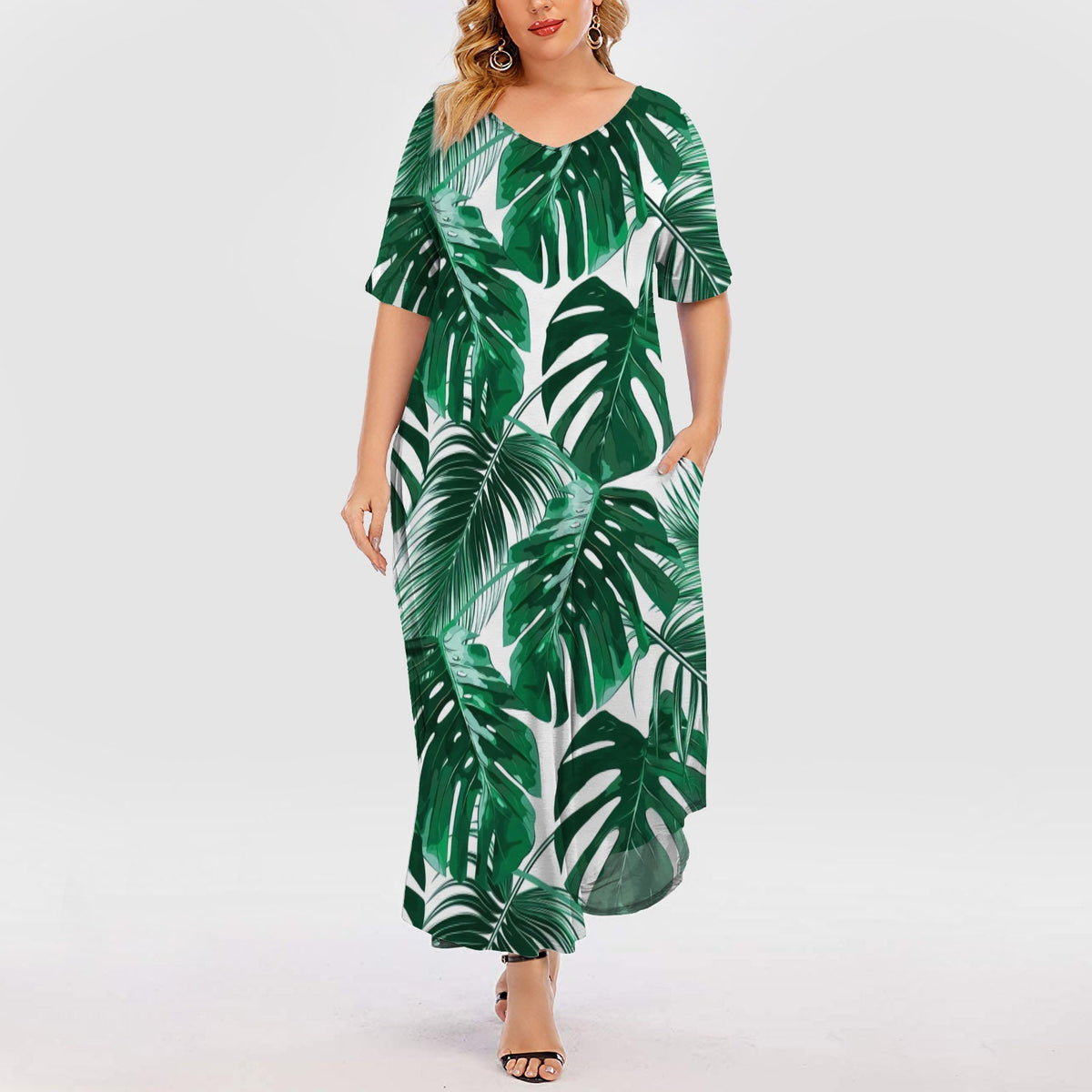 Jungle Palm Leaf Grapic Design Home Decor Short Sleeve Plus Size Maxi Dress | Plus Size Dress | Summer Dress