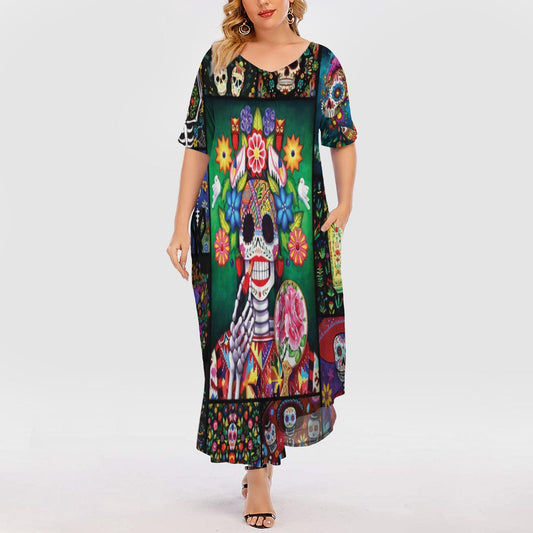 Day Of The Dead Frame Short Sleeve Plus Size Maxi Dress | Plus Size Dress | Summer Dress